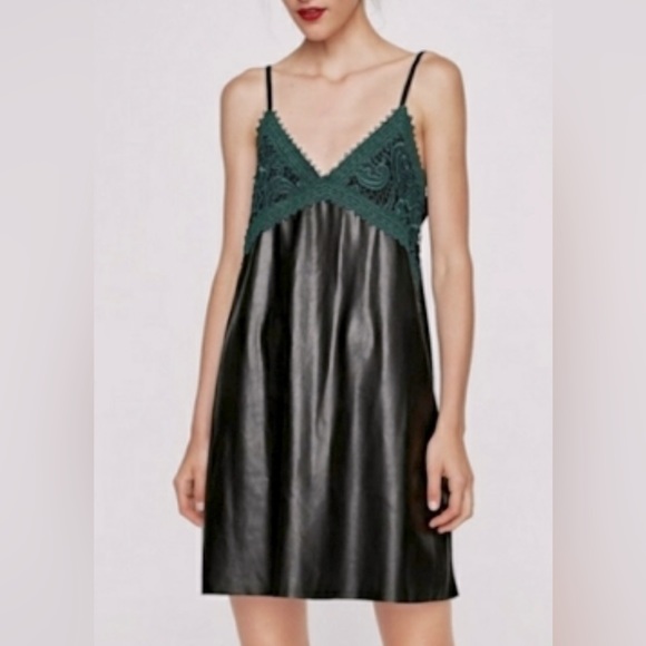 Zara -Black leather dress with green crotchet bust - Picture 1 of 1